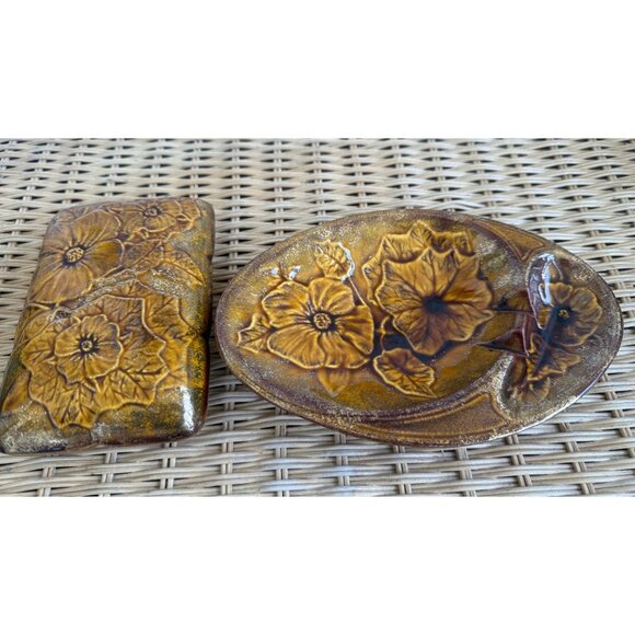 Vintage MCM California Pottery Ashtray Cigarette Box Set Brown Gold Floral - Picture 13 of 15